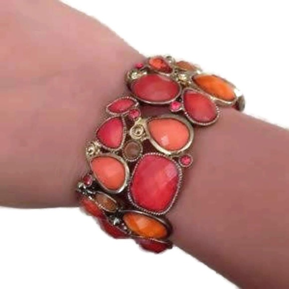 Red and Orange Jeweled Elastic Bracelet - Picture 2 of 4
